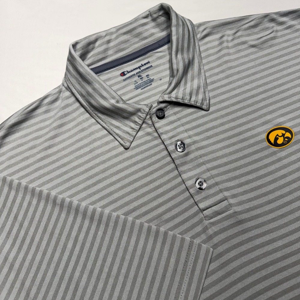Champion Iowa Hawkeyes Men Polo XL Gray Striped Shirt NCAA